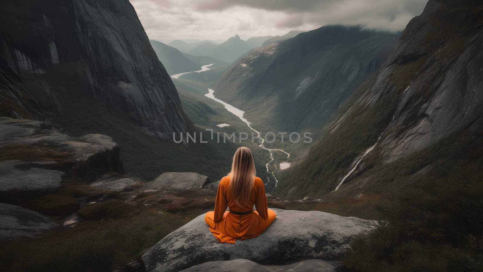 young caucasian woman meditating on cliff in front of valley between high mountains at misty summer morning. Neural network generated in May 2023. Not based on any actual person, scene or pattern.