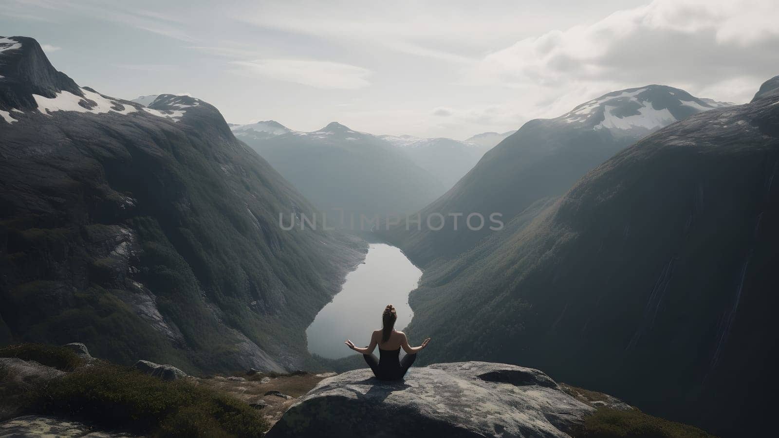 caucasian woman sitting on cliff in front of valley between high mountains at misty summer morning. Neural network generated in May 2023. Not based on any actual person, scene or pattern.