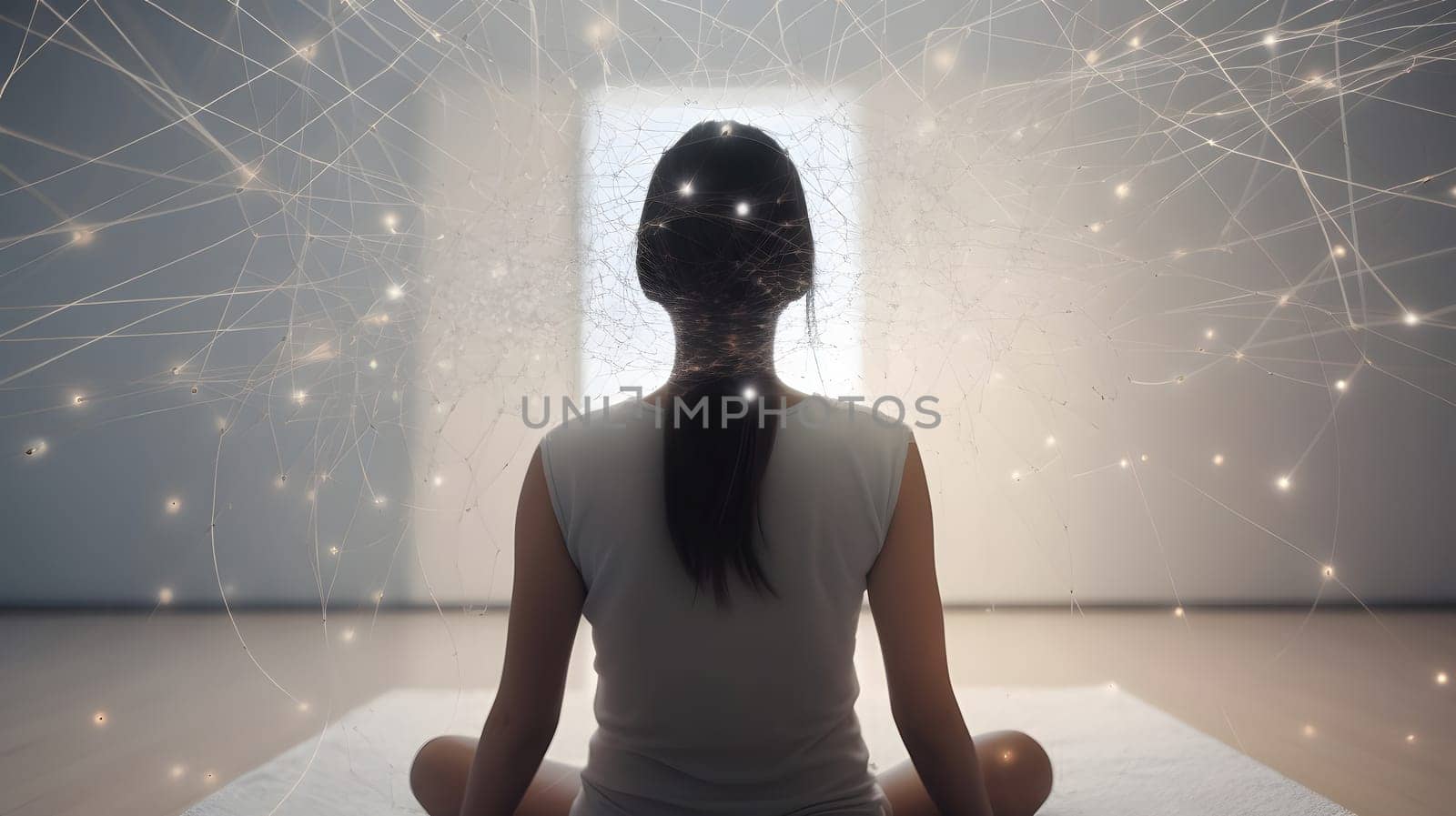 woman sitting in meditative lotus position in front of and surrounded with network of connected flying glowing spots, neural network generated art by z1b
