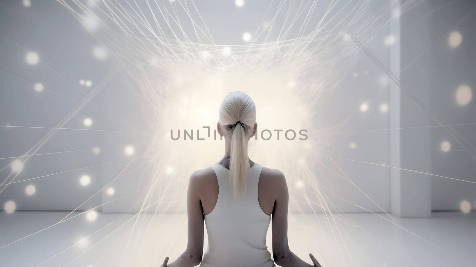blonde woman sitting in meditative lotus position in front of and surrounded with network of connected flying glowing spots, neural network generated art by z1b