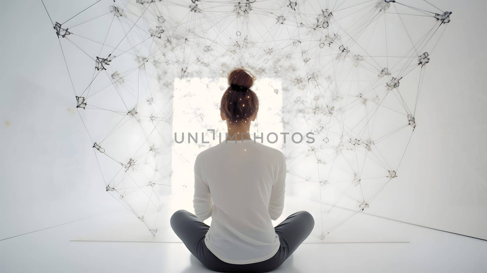 Woman sitting in meditative lotus position in front of and surrounded with network of connected spots. Neural network generated in May 2023. Not based on any actual person, scene or pattern.