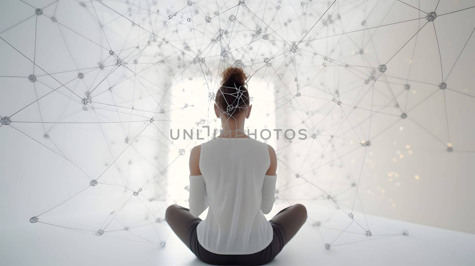 Woman sitting in meditative lotus position in front of and surrounded with network of connected spots. Neural network generated in May 2023. Not based on any actual person, scene or pattern.