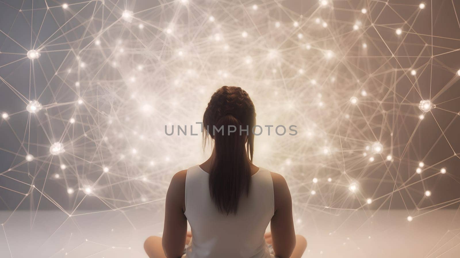 woman sitting in meditative lotus position in front of and surrounded with network of connected flying glowing spots, neural network generated art by z1b