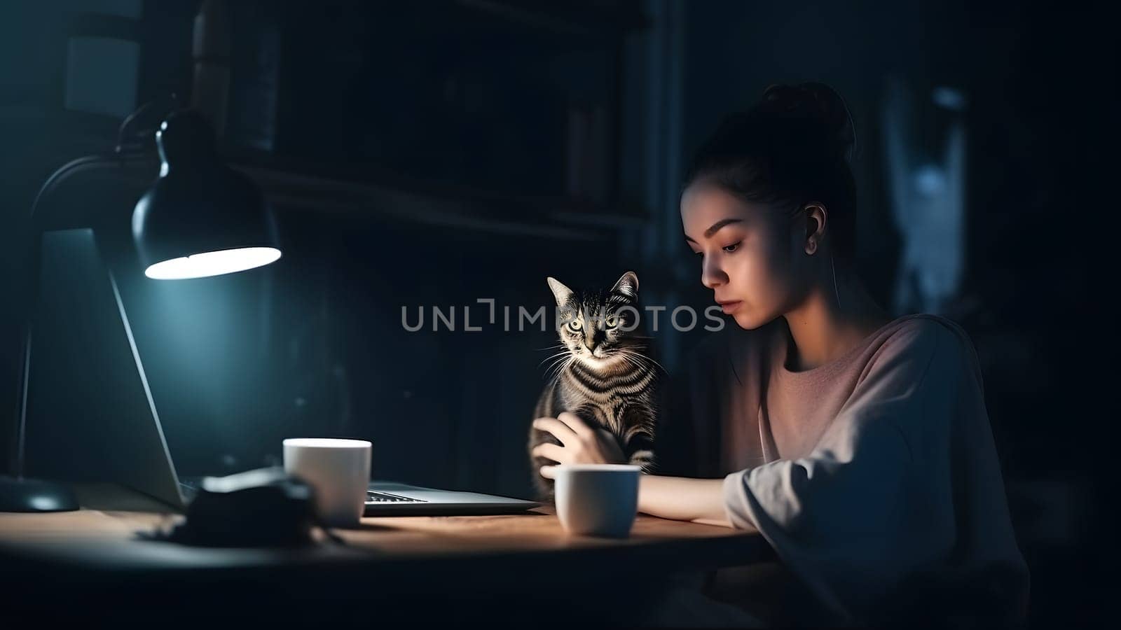 young adult asian woman using laptop sitting at working table with her cat in domestic room or office at evening. Neural network generated in May 2023. Not based on any actual person, scene or pattern.