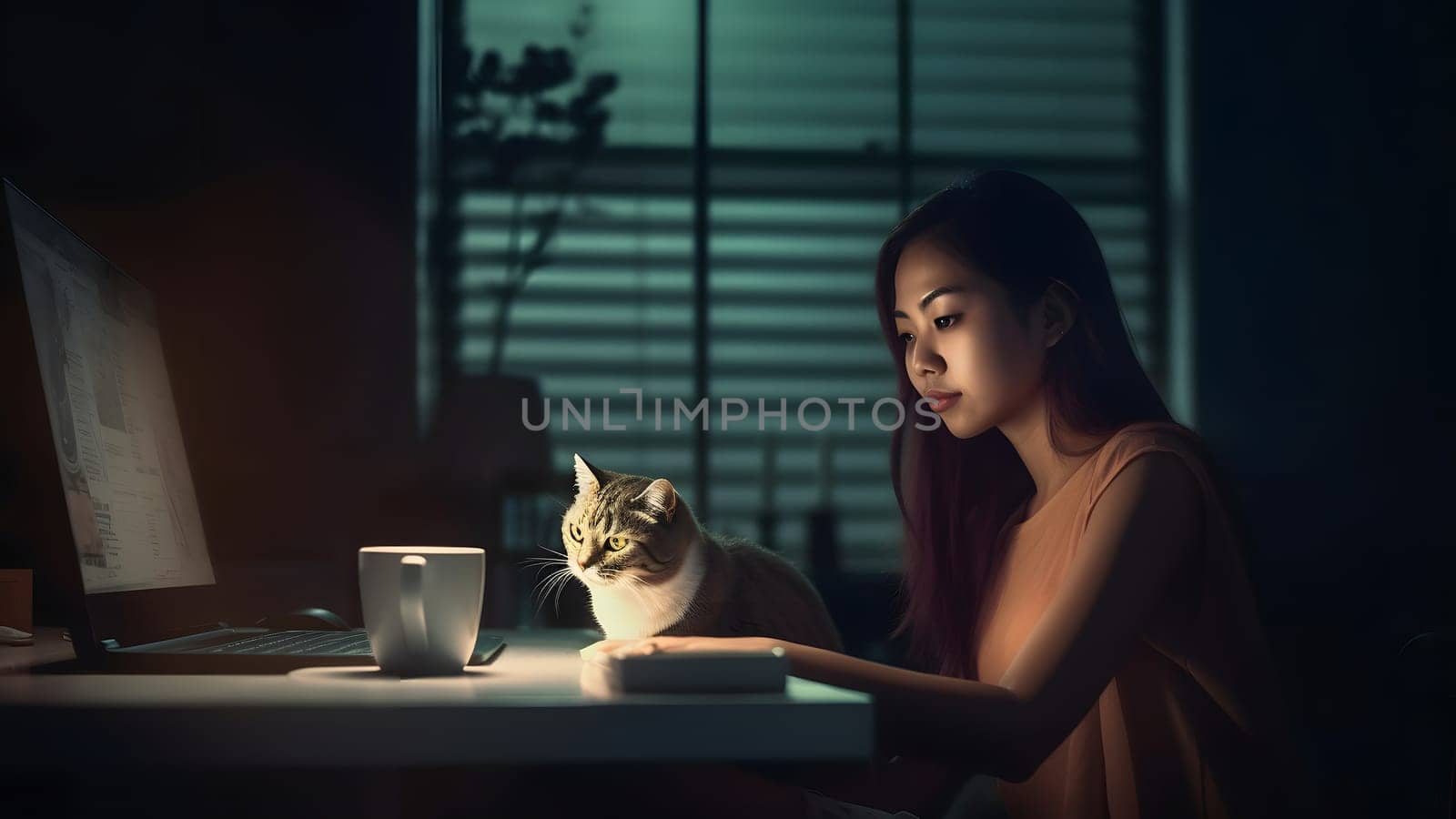 young adult asian woman using laptop sitting at working table with her cat in domestic room or office at evening. Neural network generated in May 2023. Not based on any actual person, scene or pattern.