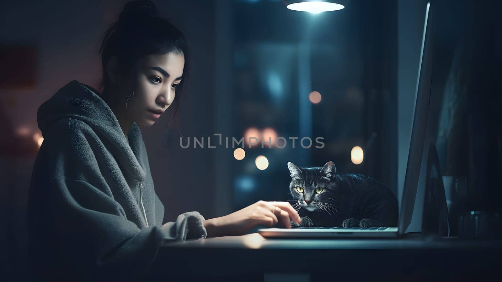 young adult asian woman using laptop sitting at working table with her cat in domestic room or office at evening. Neural network generated in May 2023. Not based on any actual person, scene or pattern.