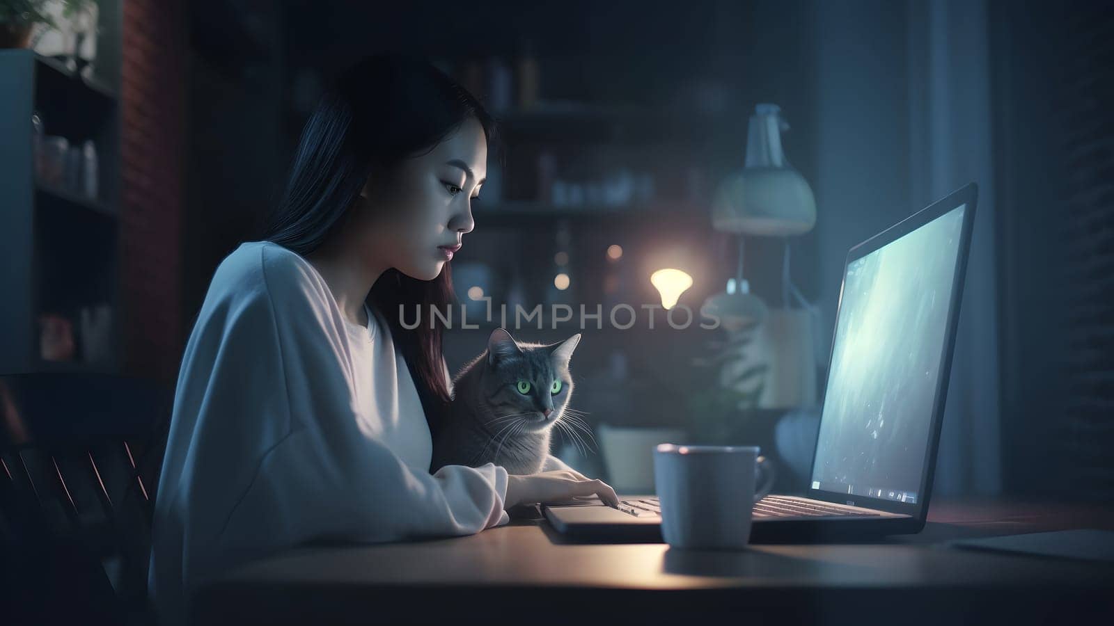 young adult asian woman using laptop sitting at working table with her cats in domestic room or office at evening. Neural network generated in May 2023. Not based on any actual person, scene or pattern.