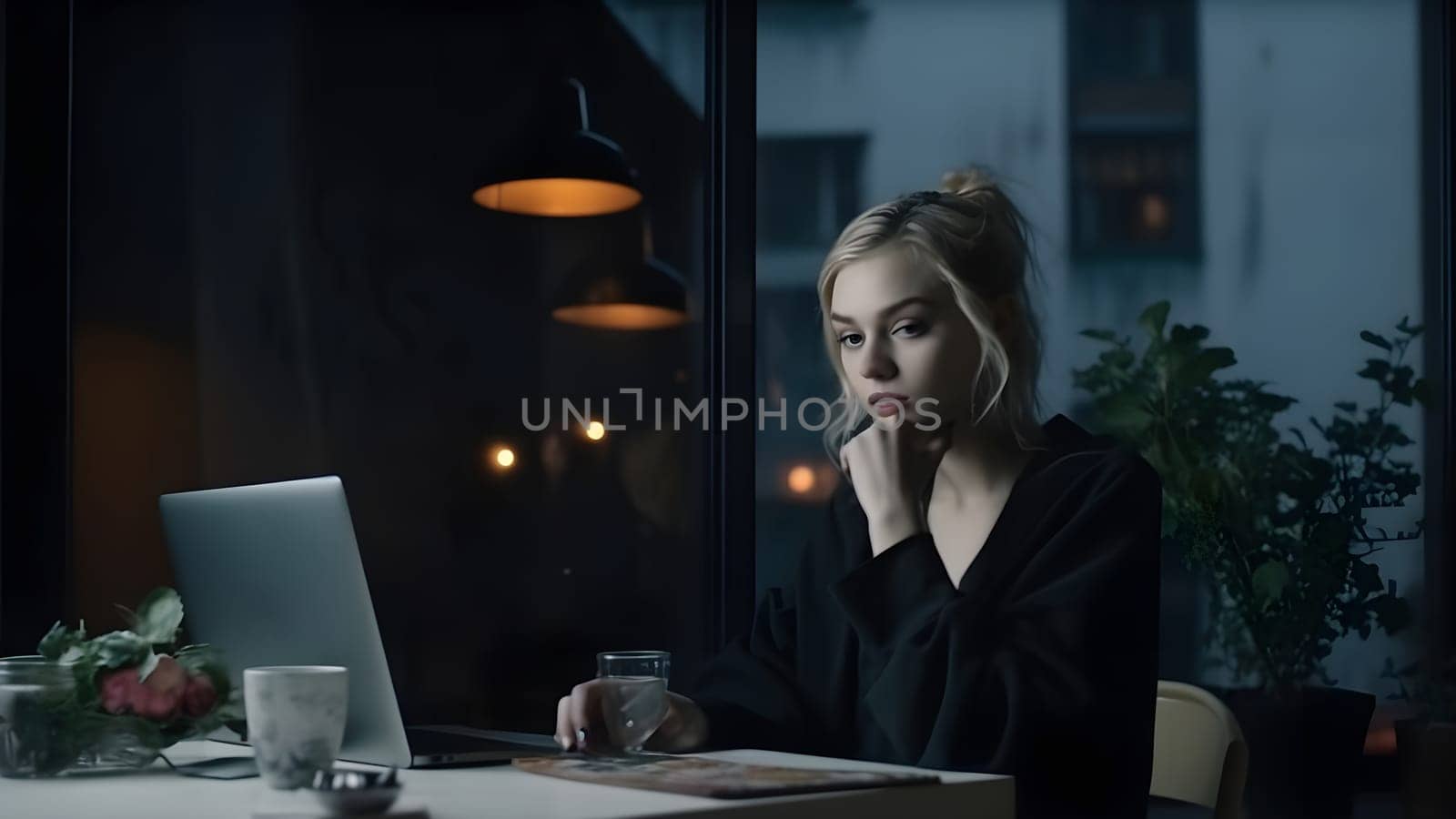 blonde caucasian girl using laptop sitting at home office at evening. Neural network generated in May 2023. Not based on any actual person, scene or pattern.