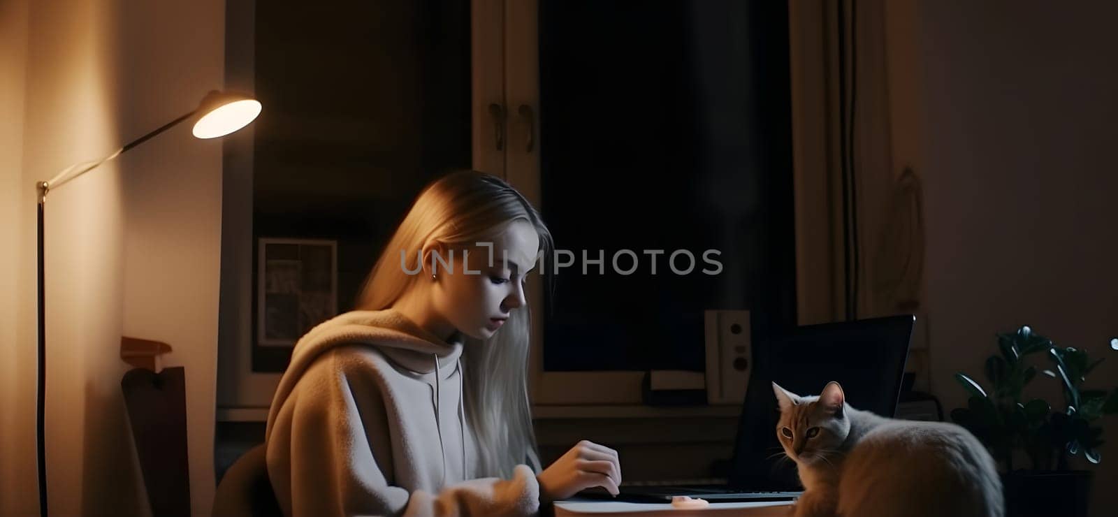 blonde caucasian girl using laptop sitting at working table with her cat in domestic room or office at night. Neural network generated in May 2023. Not based on any actual person, scene or pattern.