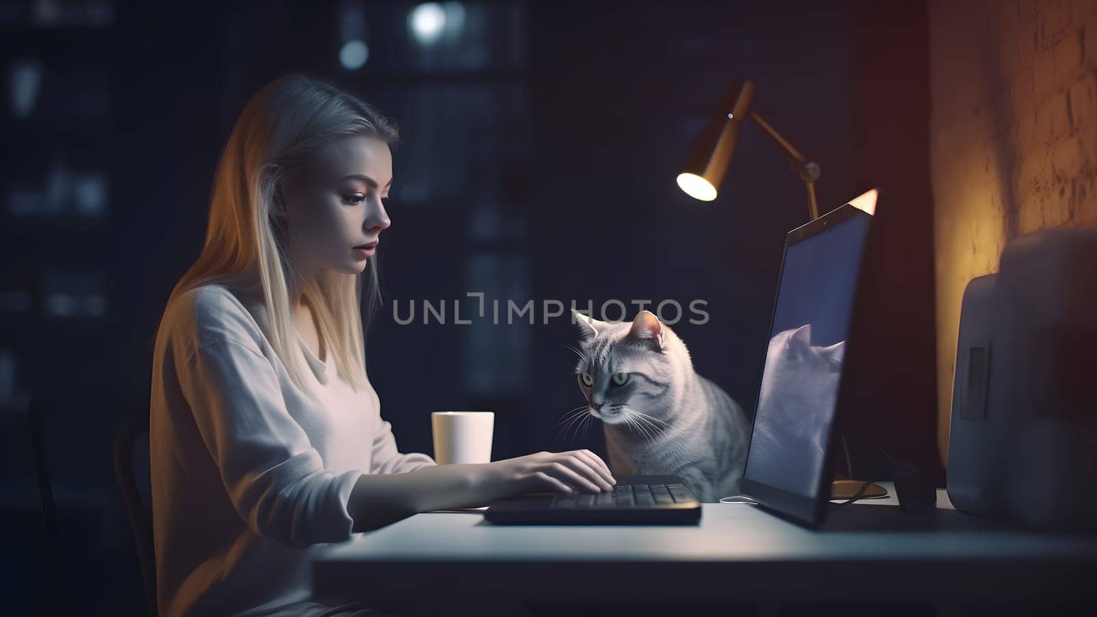 blonde caucasian girl using computer sitting at working table with her cat in domestic room or office at evening. Neural network generated in May 2023. Not based on any actual person, scene or pattern.
