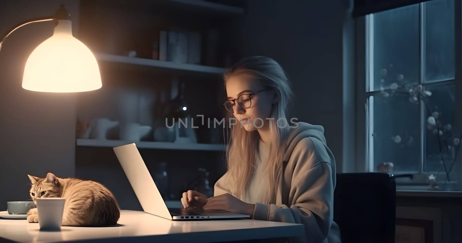 blonde caucasian girl using laptop sitting at working table with her cat in domestic room or office at evening. Neural network generated in May 2023. Not based on any actual person, scene or pattern.