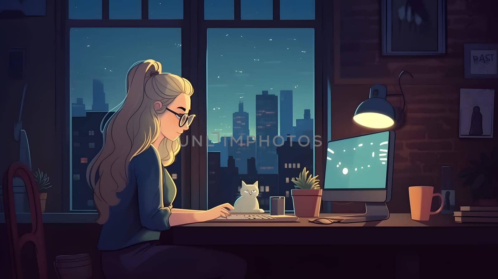 Blonde caucasian girl using computer sitting at working table with her cat in domestic room or office at evening. Neural network generated in May 2023. Not based on any actual person or scene.