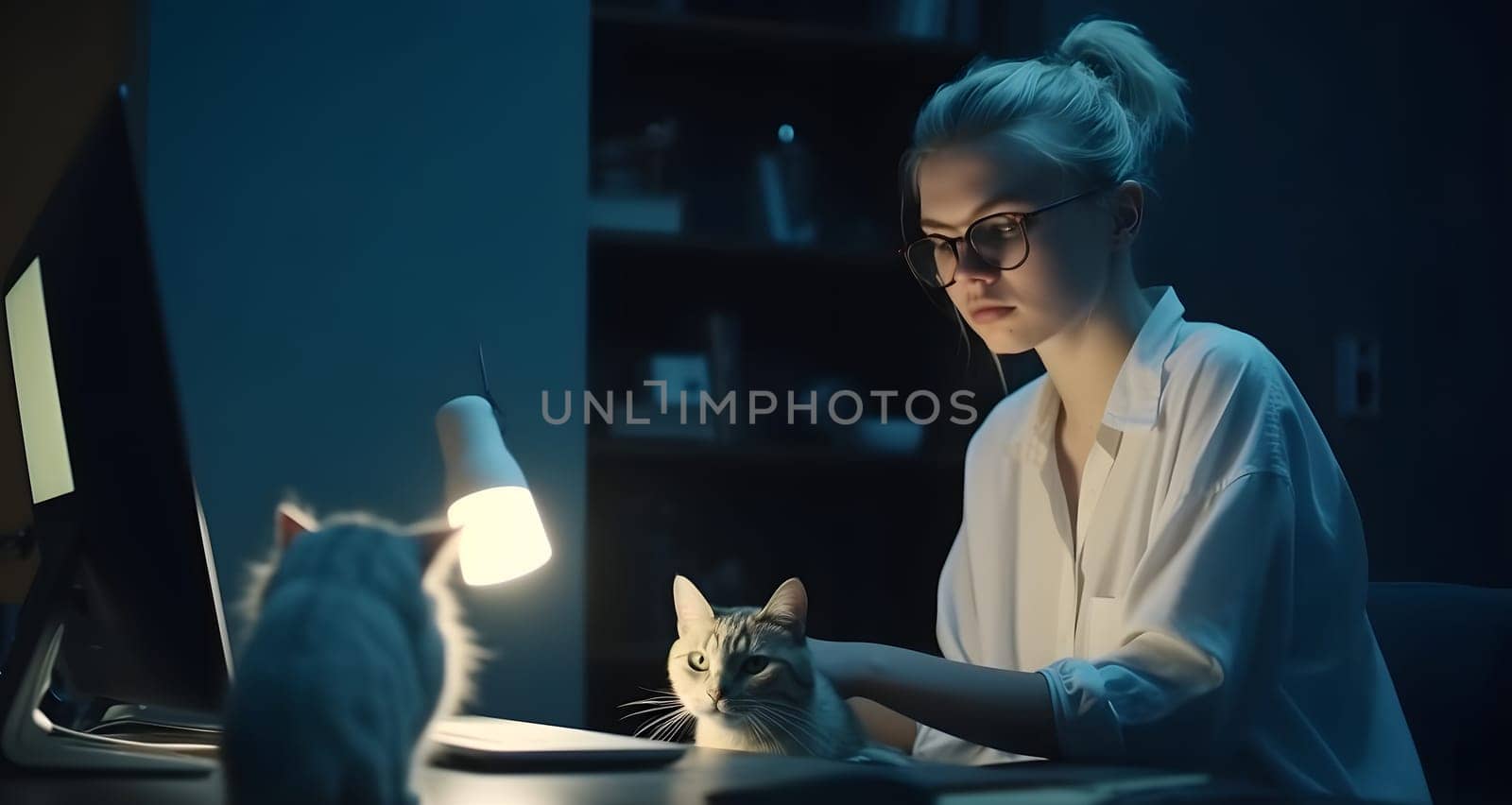 blonde caucasian girl using laptop sitting at working table with her cats in home office at evening. Neural network generated in May 2023. Not based on any actual person, scene or pattern.