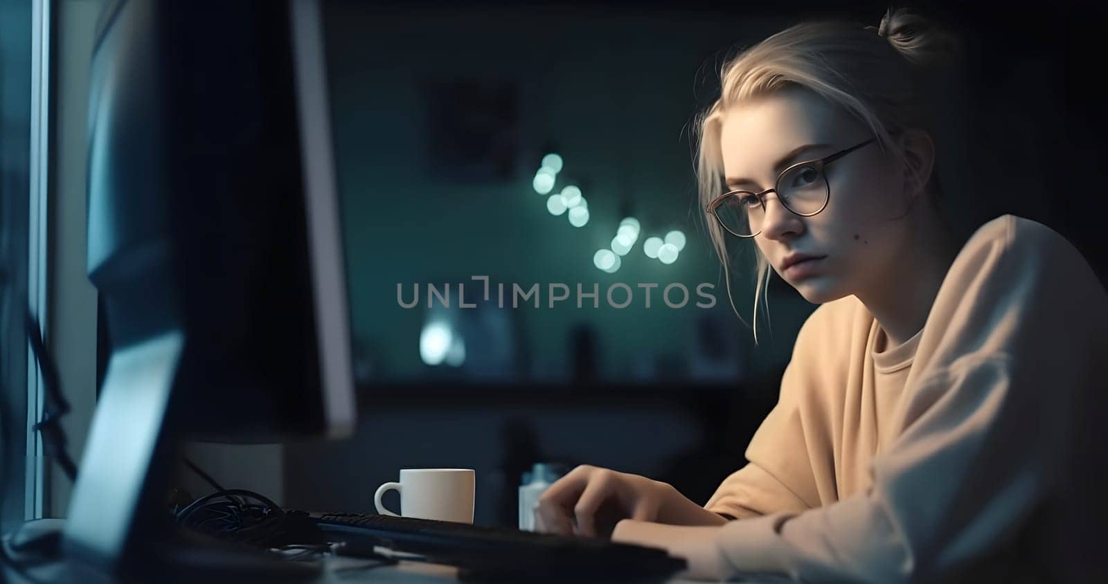 blonde caucasian girl using computer sitting at home office at night. Neural network generated in May 2023. Not based on any actual person, scene or pattern.