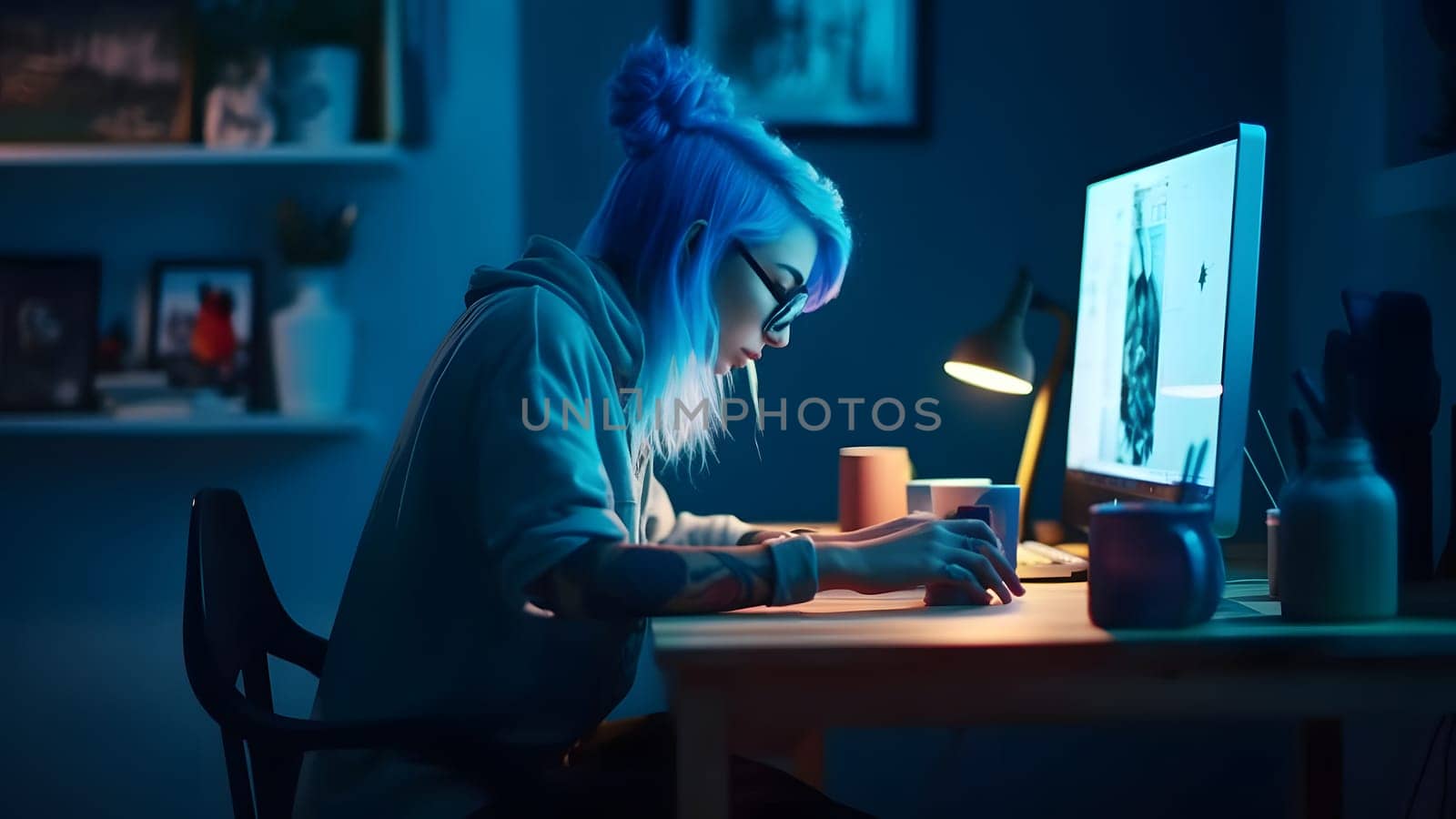 blue-haired caucasian girl using computer sitting at home office at evening. Neural network generated in May 2023. Not based on any actual person, scene or pattern.