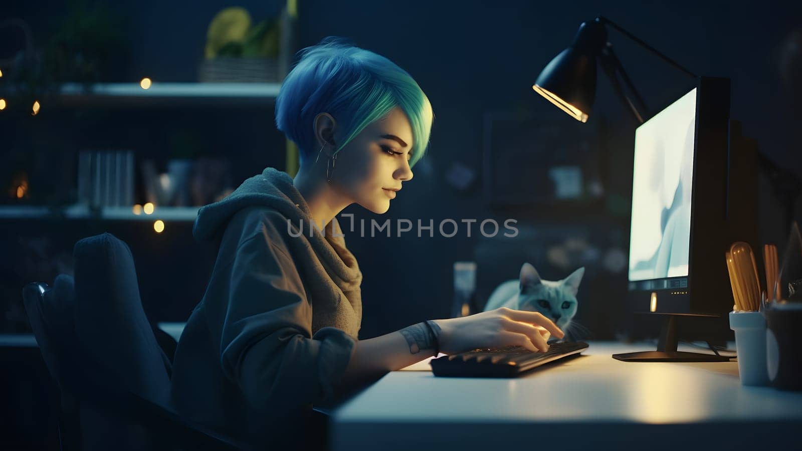 blue-haired caucasian girl using computer sitting at home office at night. Neural network generated in May 2023. Not based on any actual person, scene or pattern.