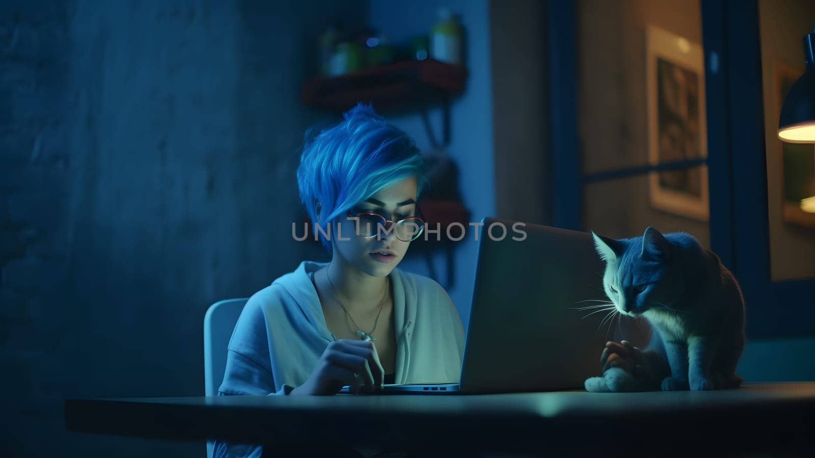 blue-haired caucasian girl using laptop computer sitting at home office at evening. Neural network generated in May 2023. Not based on any actual person, scene or pattern.