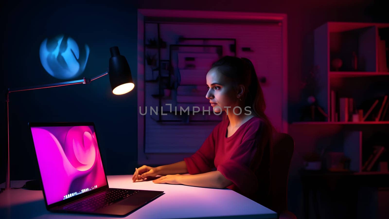 designer girl sitting at the table in front of laptop in home office at evening. Neural network generated in May 2023. Not based on any actual person, scene or pattern.