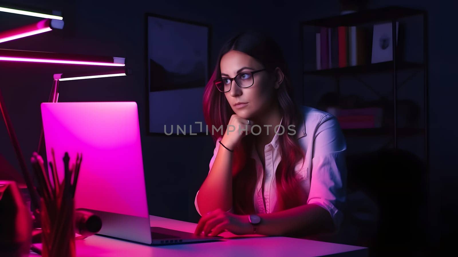 designer girl sitting at the table in front of laptop in home office at evening. Neural network generated in May 2023. Not based on any actual person, scene or pattern.