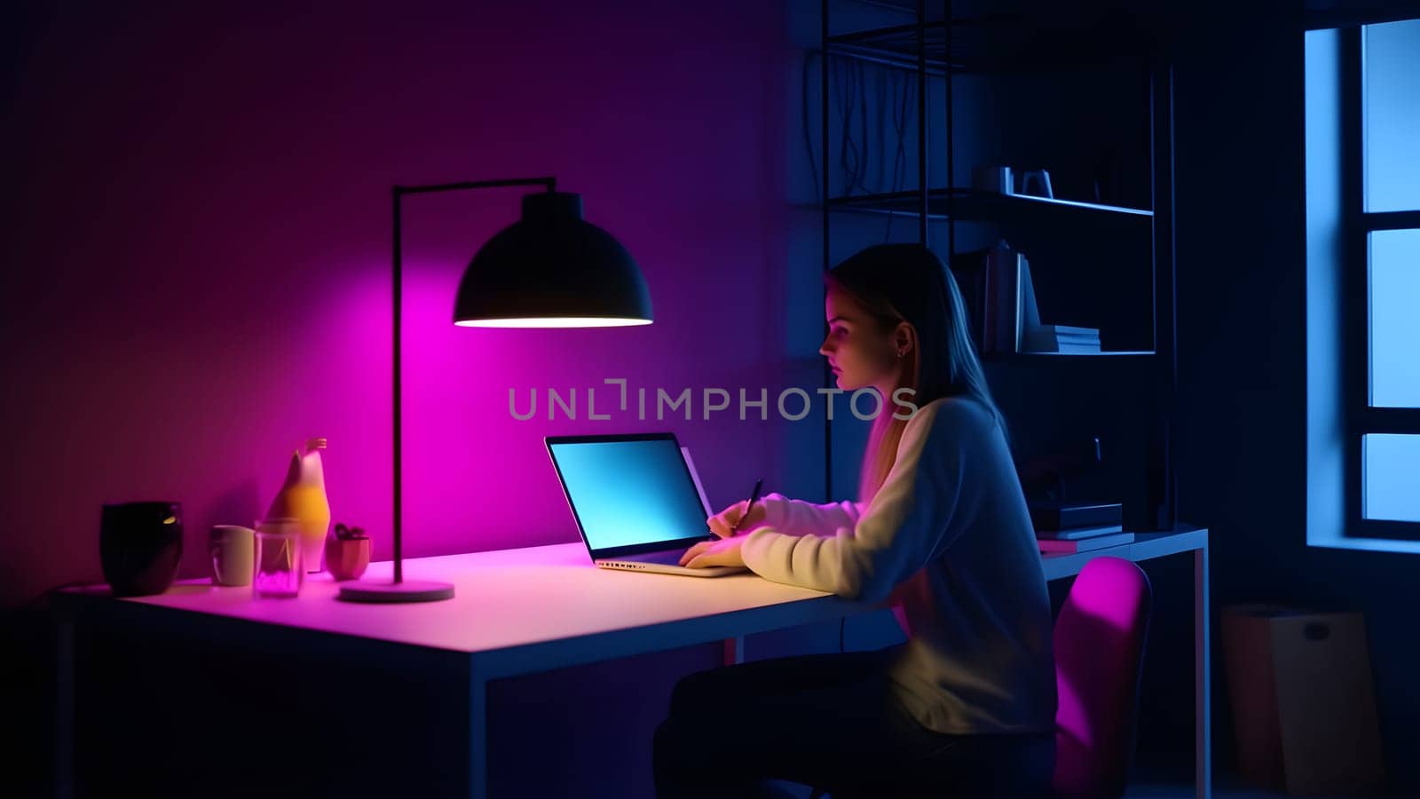 designer girl sitting at the table in front of laptop in home office at evening. Neural network generated in May 2023. Not based on any actual person, scene or pattern.