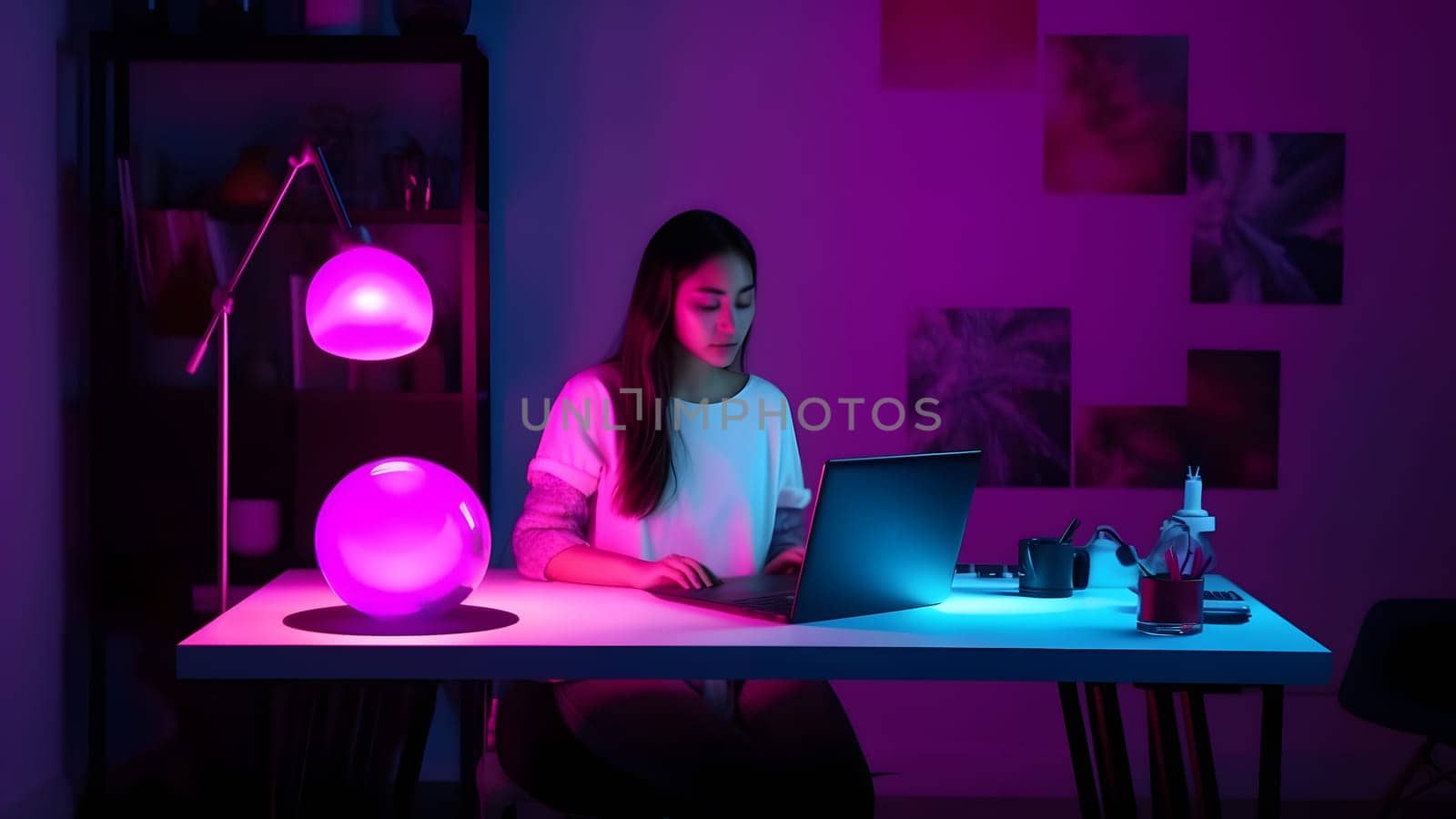 designer girl sitting at the table in front of laptop in home office at evening. Neural network generated in May 2023. Not based on any actual person, scene or pattern.