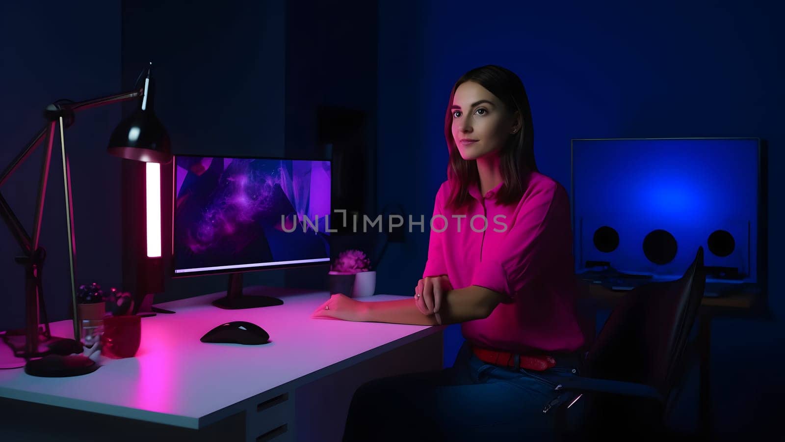 designer girl sitting at the table in front of computer in home office at evening. Neural network generated in May 2023. Not based on any actual person, scene or pattern.