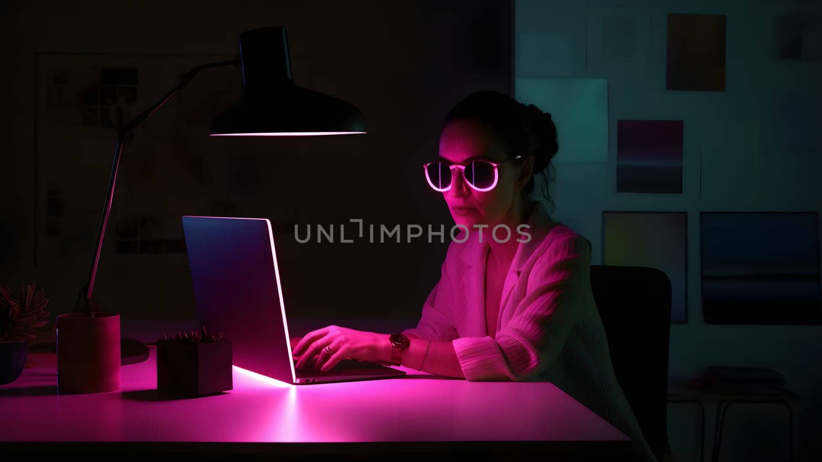 designer girl sitting at the table in front of laptop in home office at evening. Neural network generated in May 2023. Not based on any actual person, scene or pattern.