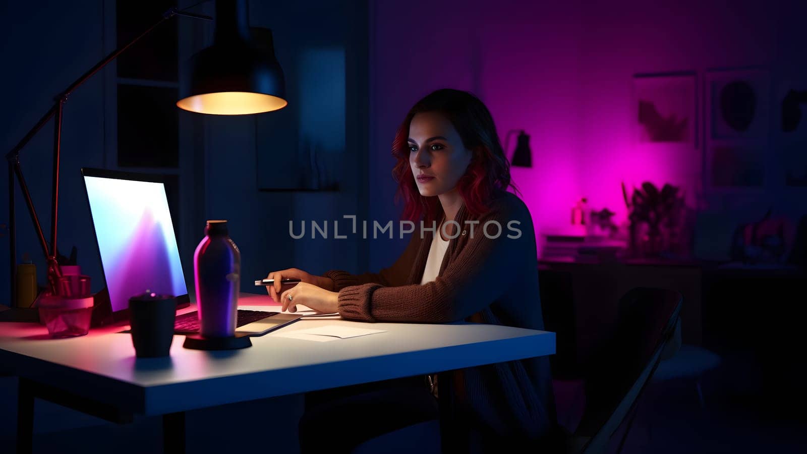 woman designer sitting at the table in front of laptop in home office at evening. Neural network generated in May 2023. Not based on any actual person, scene or pattern.