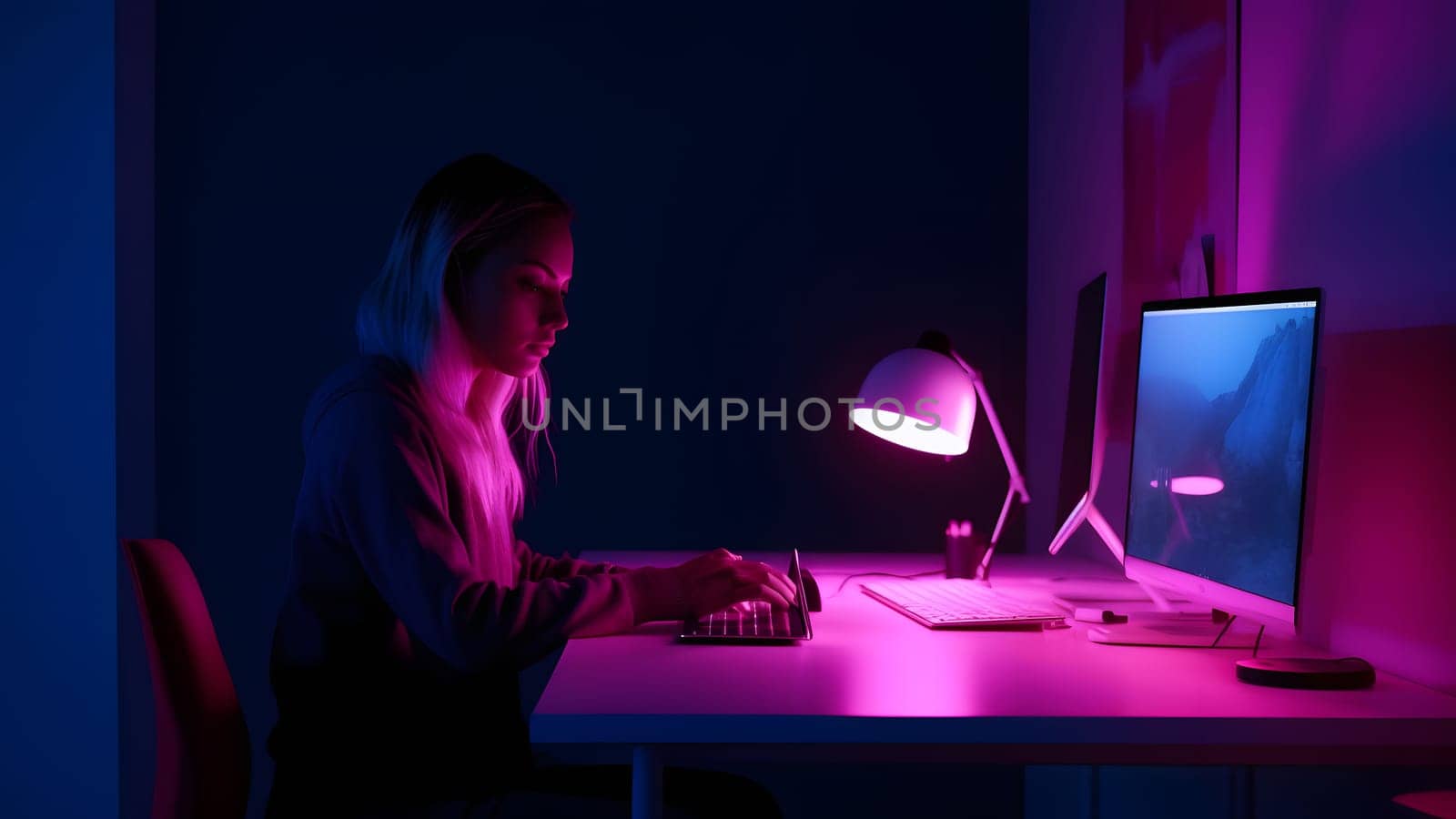 designer girl sitting at the table in front of computer in home office at evening. Neural network generated in May 2023. Not based on any actual person, scene or pattern.