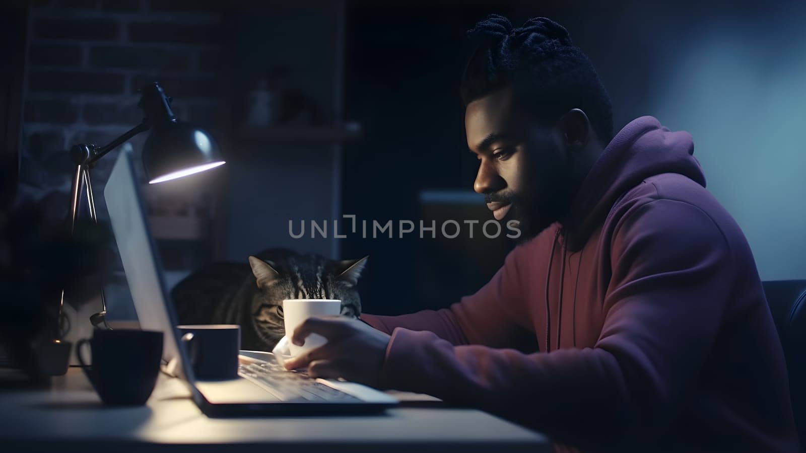 african american guy using laptop at working table with his cat at night in home office. Neural network generated in May 2023. Not based on any actual person or scene.