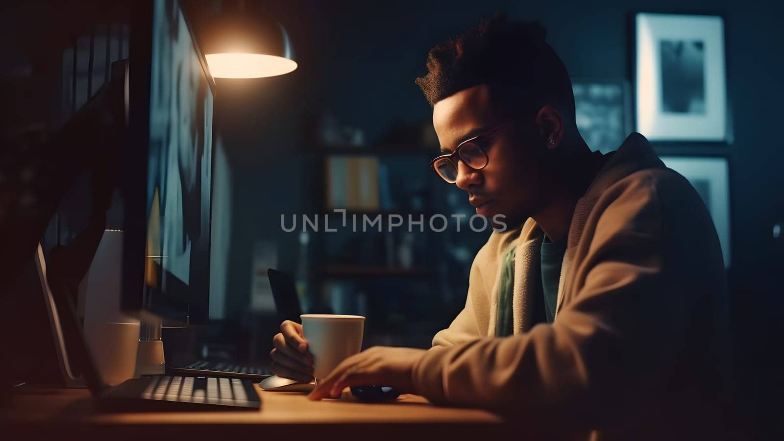 african american in glasses guy using computer at night in home office. Neural network generated in May 2023. Not based on any actual person or scene.