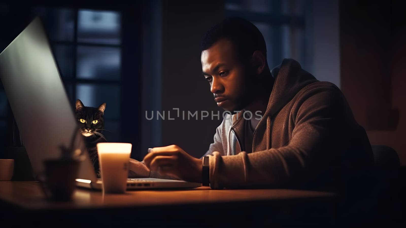 african american guy using laptop at working table with his cat at night at home office. Neural network generated in May 2023. Not based on any actual person or scene.
