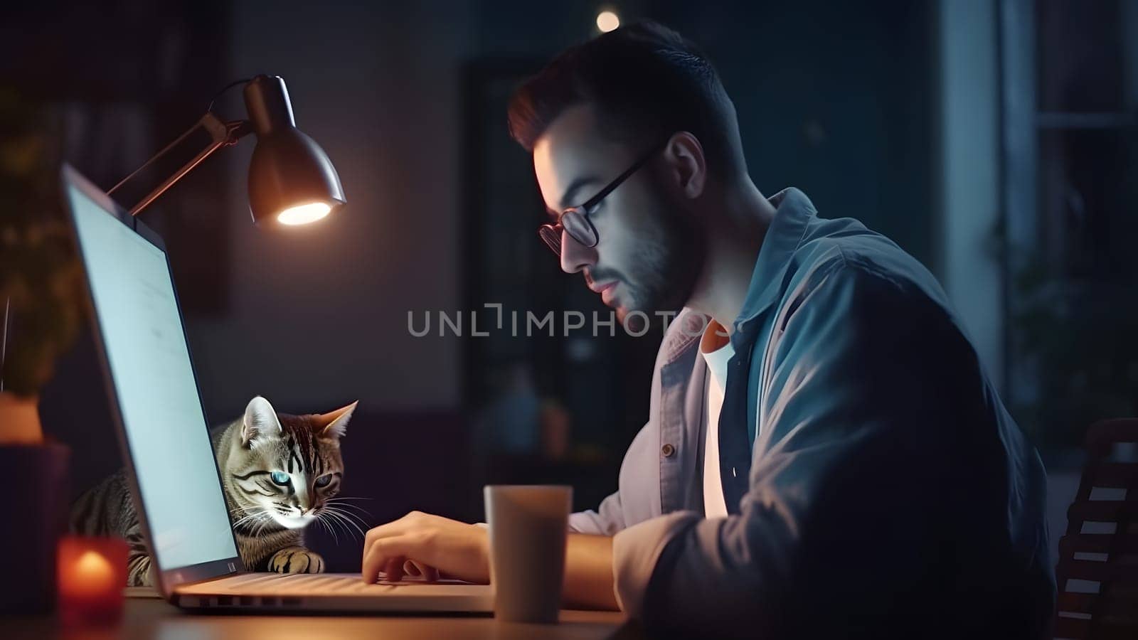 young adult caucasian man using laptop at working table with his cat at night at home office. Neural network generated in May 2023. Not based on any actual person or scene.
