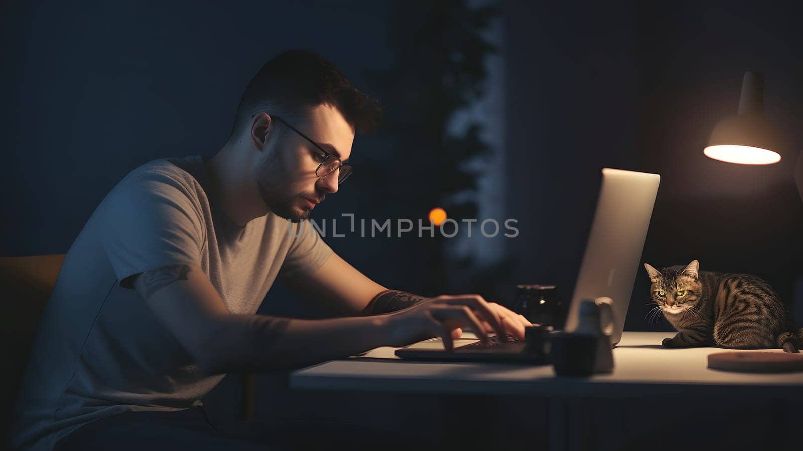 young adult caucasian man using laptop at working table with his cat at night at home office. Neural network generated in May 2023. Not based on any actual person or scene.