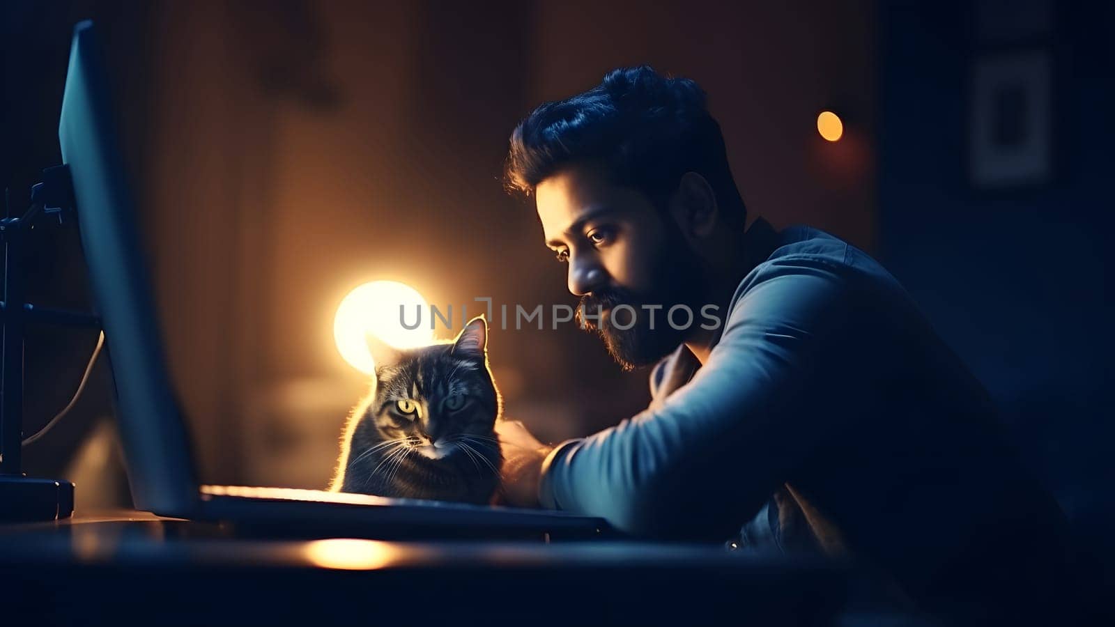 young hindustani young adult man using computer at working table with his cat at night at home office. Neural network generated in May 2023. Not based on any actual person or scene.