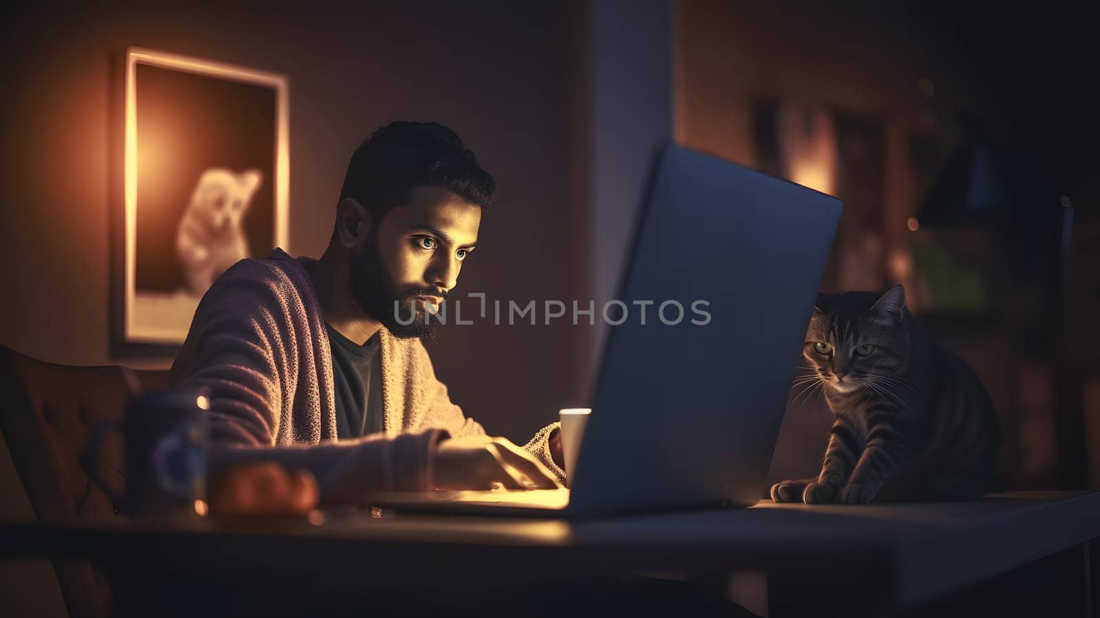 young hindustani young adult man using laptop pc at working table with his cat at night at home office. Neural network generated in May 2023. Not based on any actual person or scene.