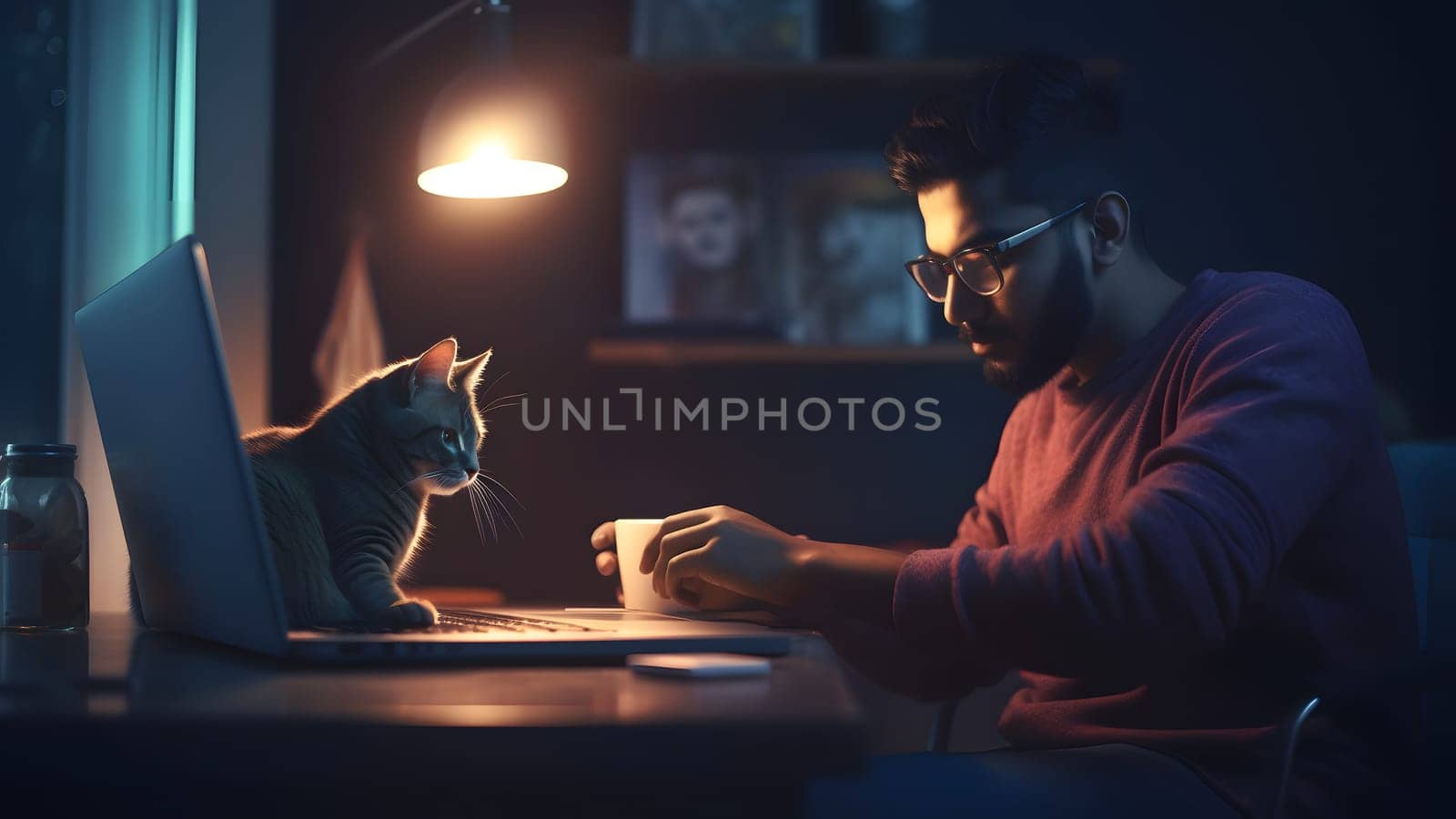 young hindustani young adult man using laptop pc at working table at night at home office with cat. Neural network generated in May 2023. Not based on any actual person or scene.