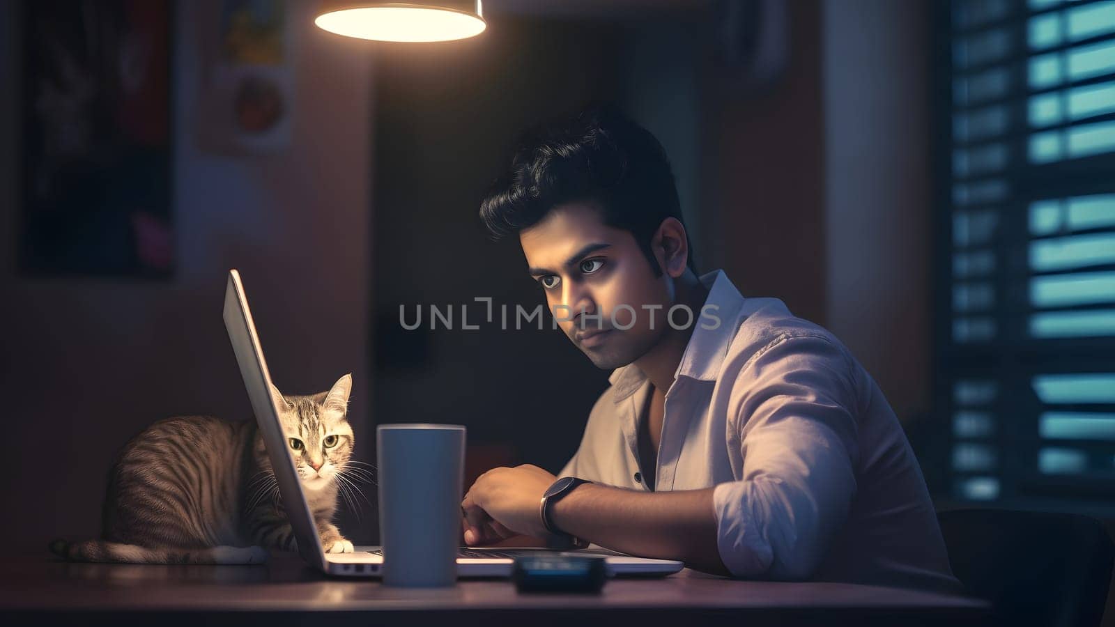 young hindustani young adult man using laptop pc at working table at night at home office with cat. Neural network generated in May 2023. Not based on any actual person or scene.