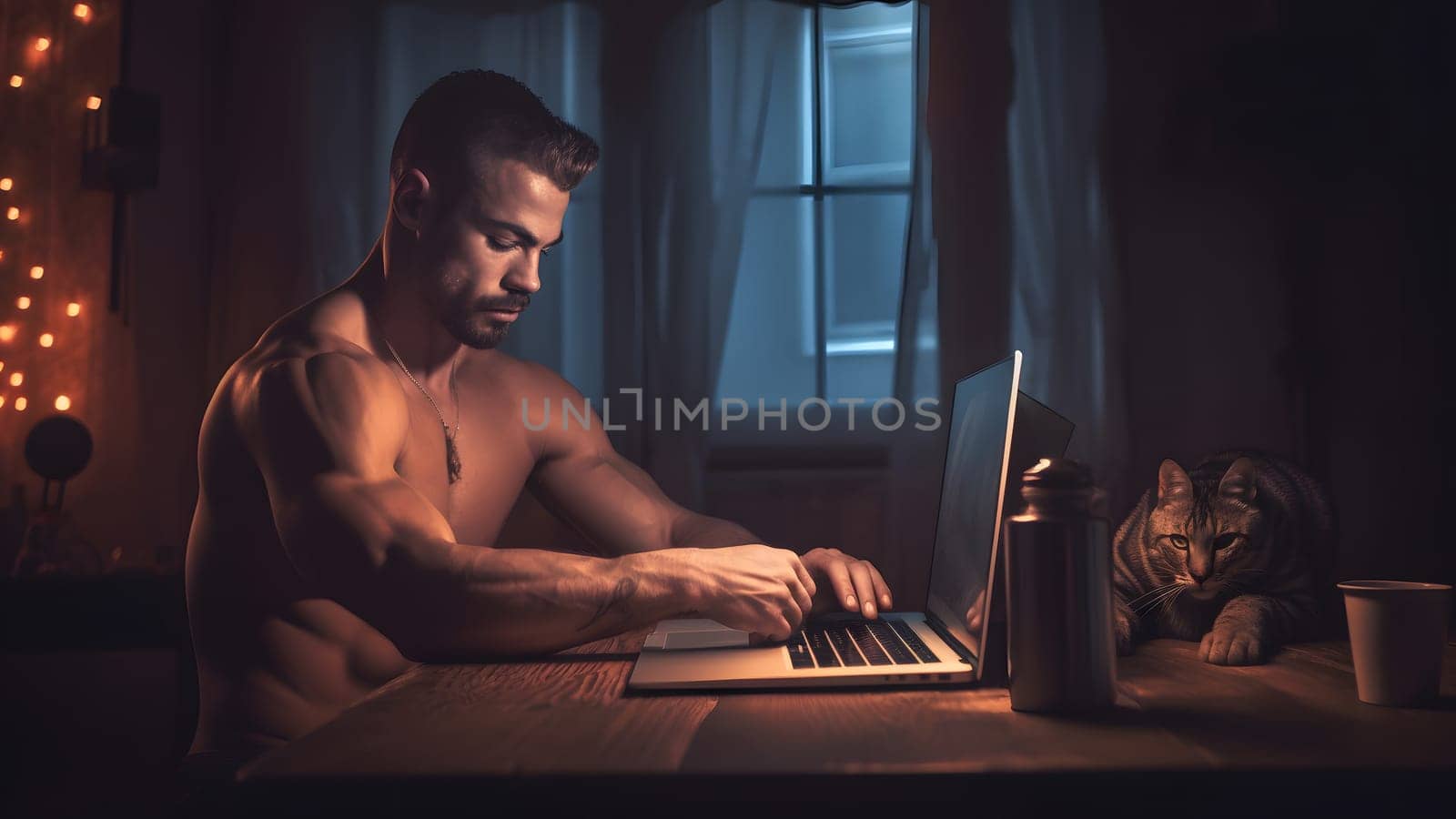athletic caucasian shirtless man typing on laptop pc at late evening in home office with his cat. Neural network generated in May 2023. Not based on any actual person, scene or pattern.
