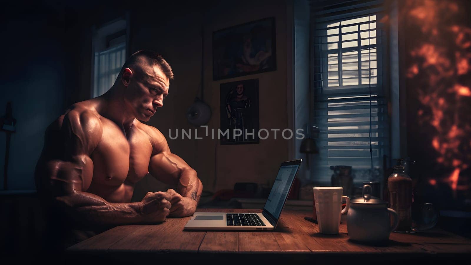 gorgeous buff caucasian shirtless man in white singlet using laptop pc at late evening in home office. Neural network generated in May 2023. Not based on any actual person or scene.