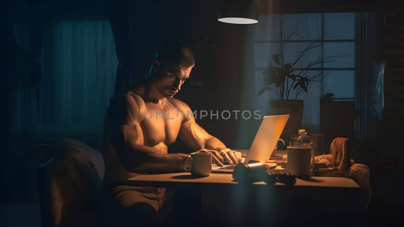 gorgeous buff caucasian shirtless man in white singlet using laptop pc at late evening in home office. Neural network generated in May 2023. Not based on any actual person or scene.