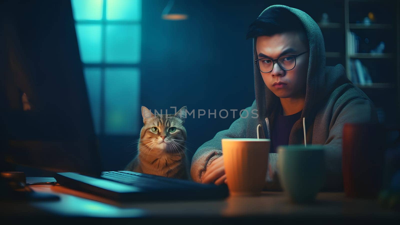 asian young adult man sitting in front of computer monitor at the table at night with his cat in home office. Neural network generated in May 2023. Not based on any actual person or scene.