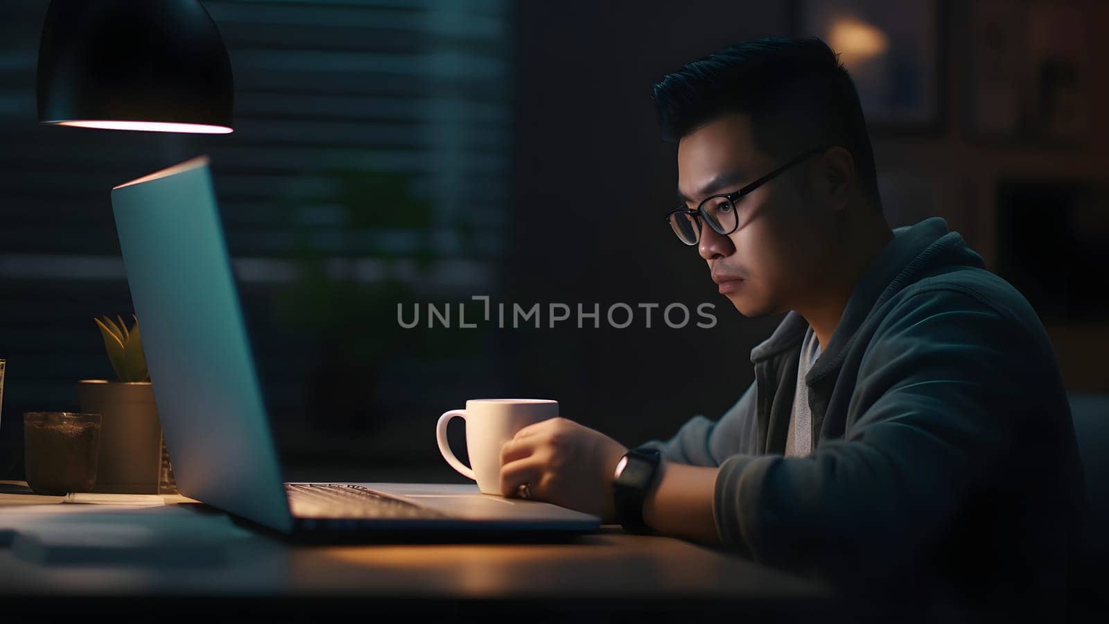 young adult asian man sitting in front of laptop computer at the table at night with cup of coffee in home office. Neural network generated in May 2023. Not based on any actual person or scene.