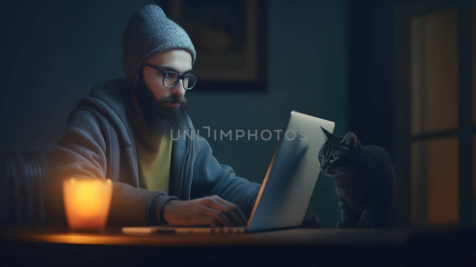 caucasian young adult man using laptop at table with his cat at night at home office. Neural network generated in May 2023. Not based on any actual person or scene.