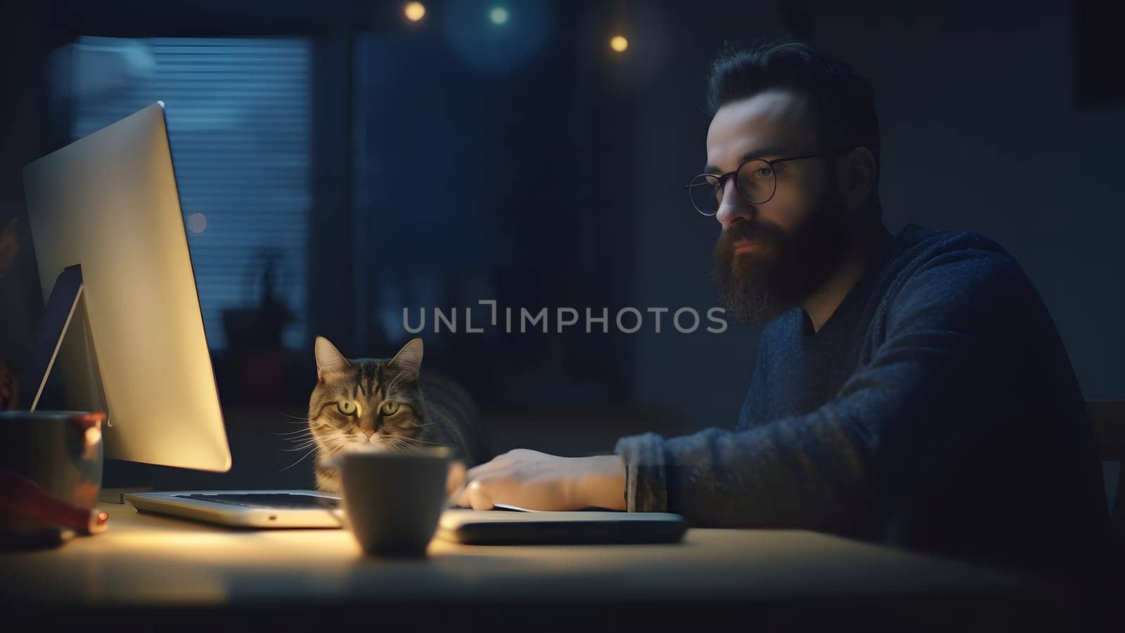 caucasian young adult man using computer at working table with his cat at night at home office. Neural network generated in May 2023. Not based on any actual person or scene.