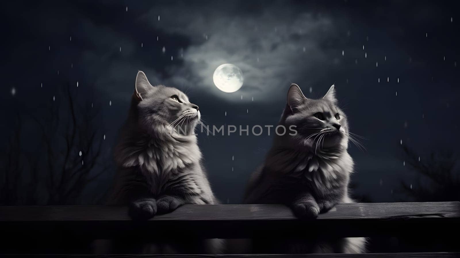 couple of adorable cats sitting on fence in front of full moon night sky. Neural network generated in May 2023. Not based on any actual person, scene or pattern.