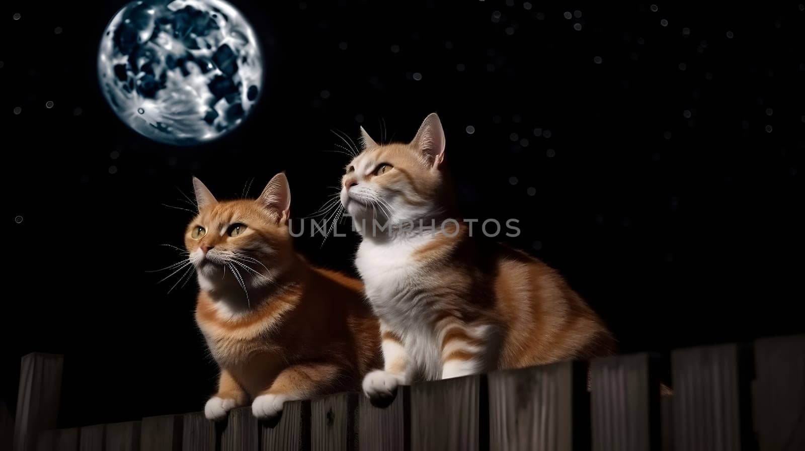 couple of adorable cats sitting on fence in front of full moon night sky. Neural network generated in May 2023. Not based on any actual person, scene or pattern.