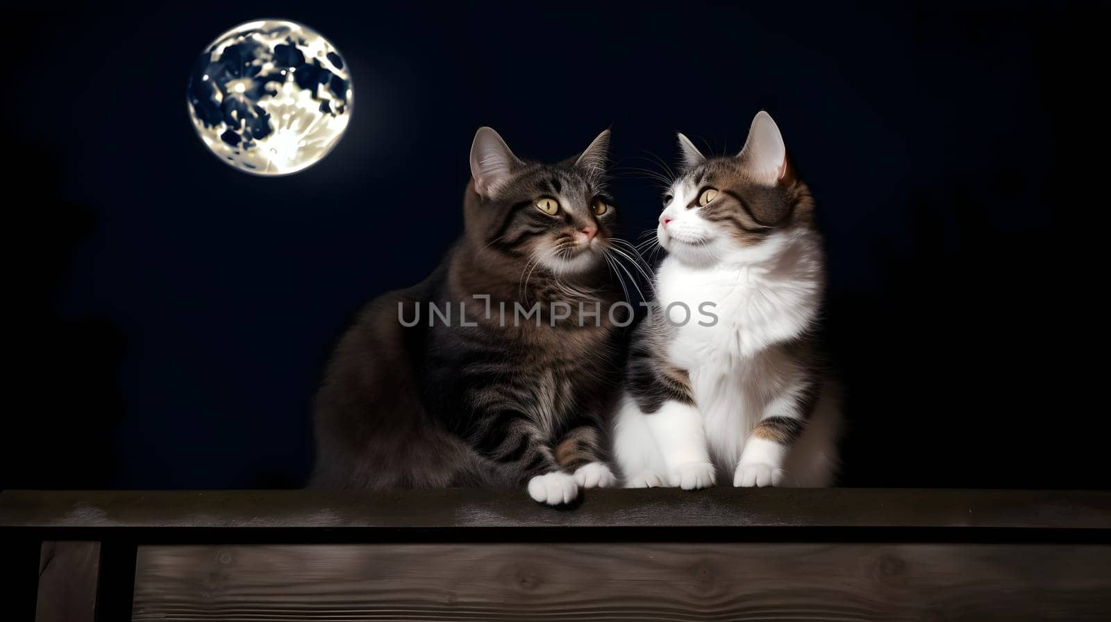 couple of adorable cats sitting on fence in front of full moon night sky. Neural network generated in May 2023. Not based on any actual person, scene or pattern.