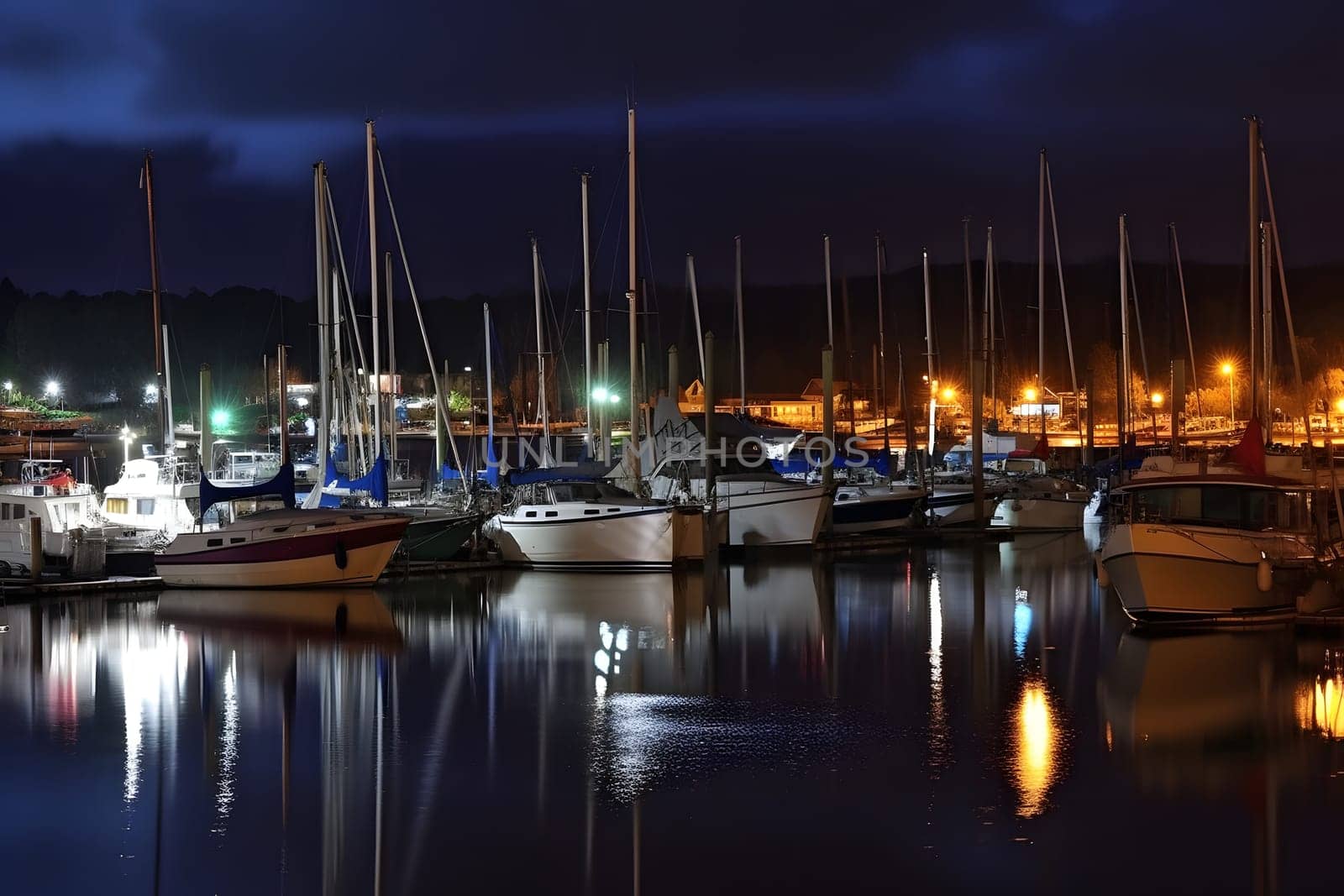 Boats in the harbor at night, neural network generated image by z1b