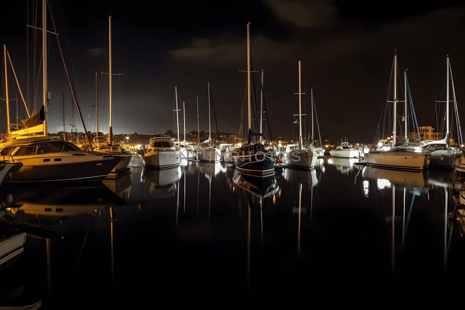 Boats in the harbor at night. Neural network generated in May 2023. Not based on any actual person, scene or pattern.